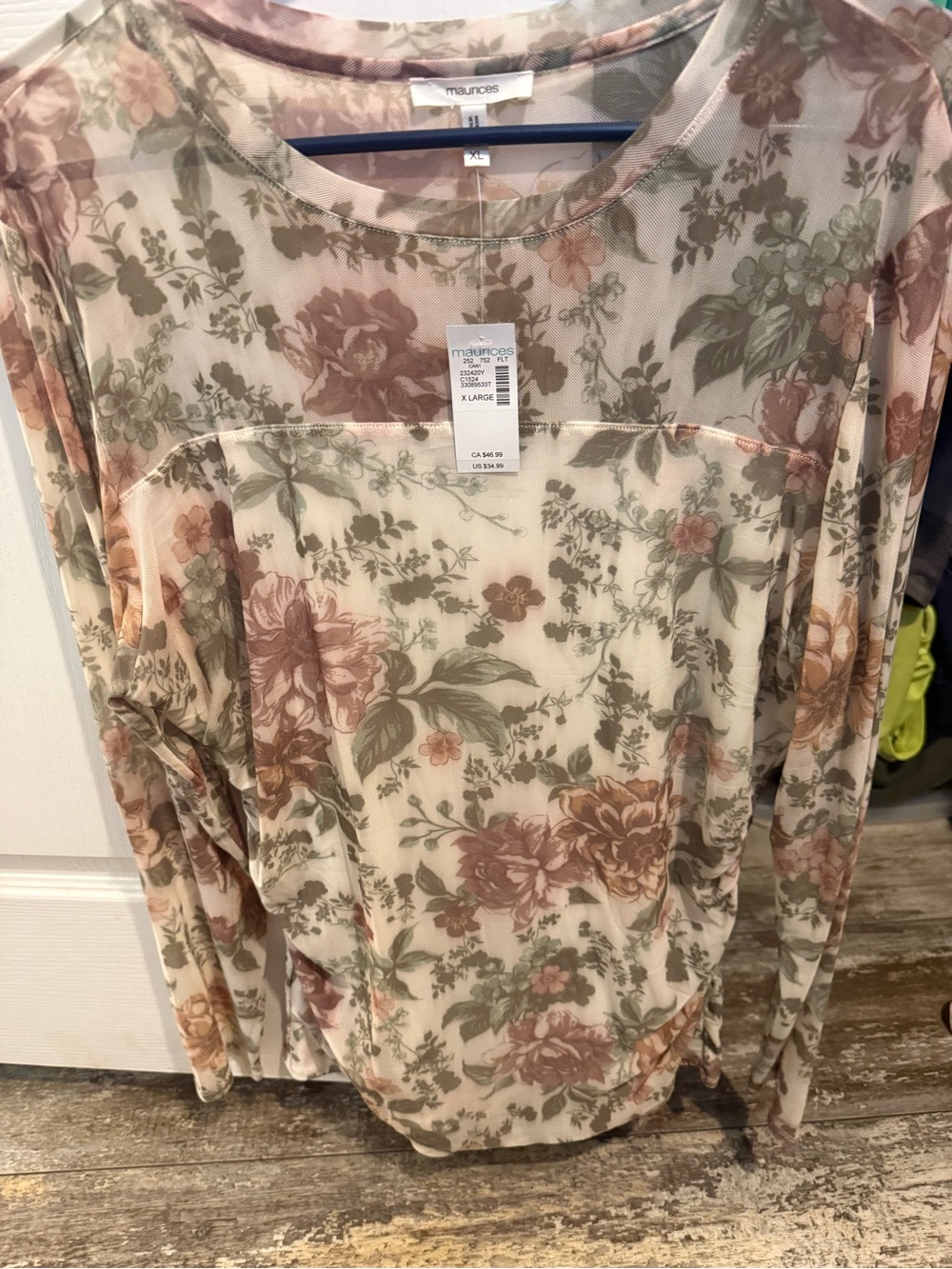 Maurices Sheer Floral Long-Sleeve Top in Cream, Rose, and Sage